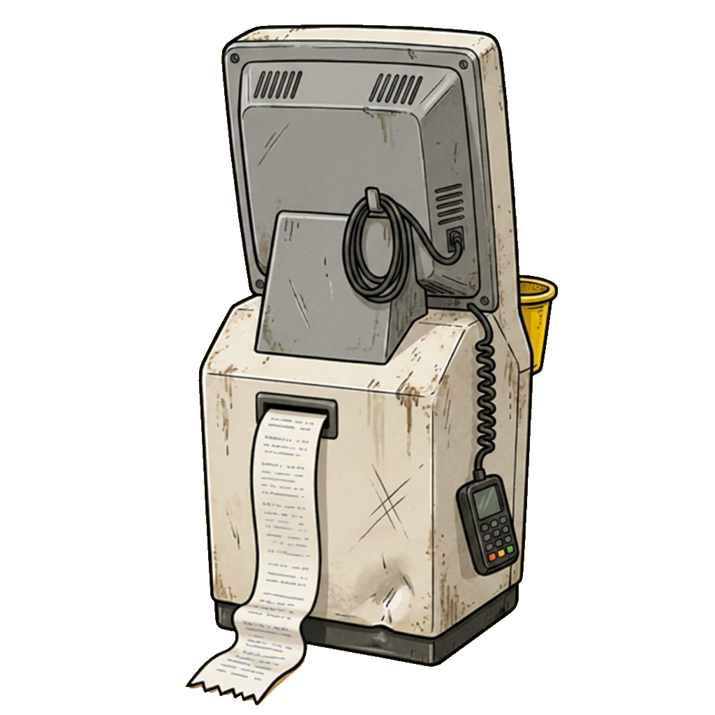 Self-checkout kiosk seen from behind
